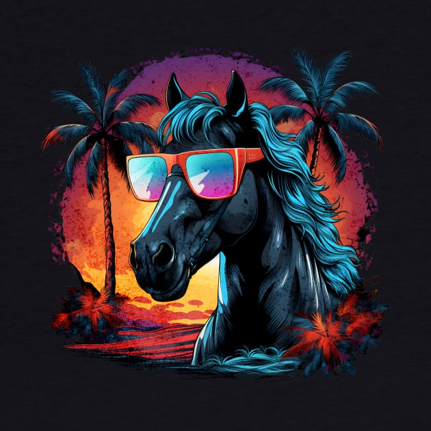 Retro Wave Friesian Horse Good Vibe by Miami Neon Designs